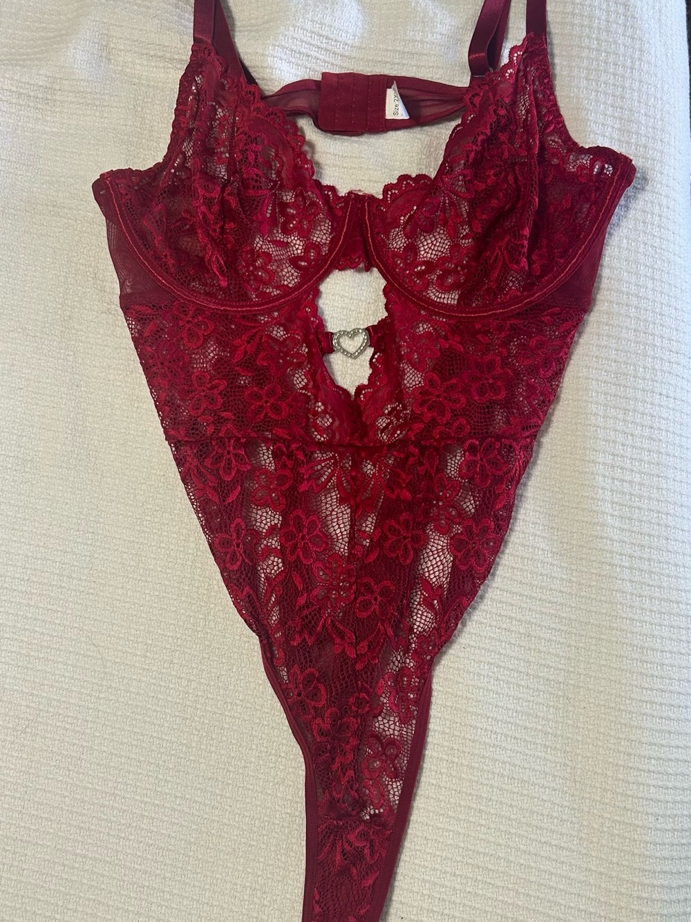 Lace Sheer Heart-Detail Teddy Bodysuit - Deep Burgundy